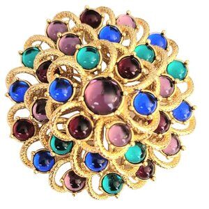 Monet Gold Tone Moghul Jewels Of India Glass Cabochon Round Cluster Brooch Pin